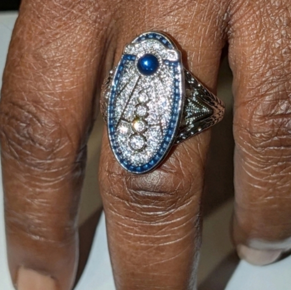 Art Deco Style Lab Created diamond Sapphire Wedding 14k White Gold Plated Sz 10 - Picture 4 of 15